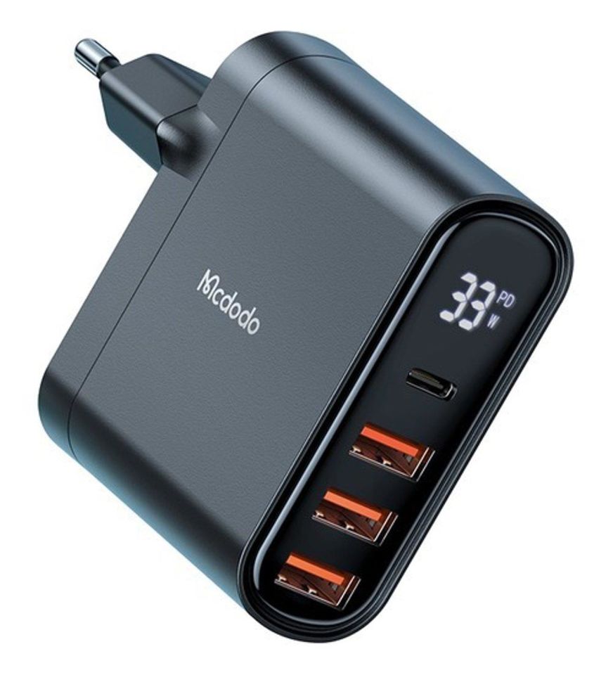 Mcdodo CH-2251 33 W 1xTYPE-C 3xUSB Girişli Dijital Göstergeli Şarj Adaptörü+Type-C To iPhone Kablo 1.2m - Siyah