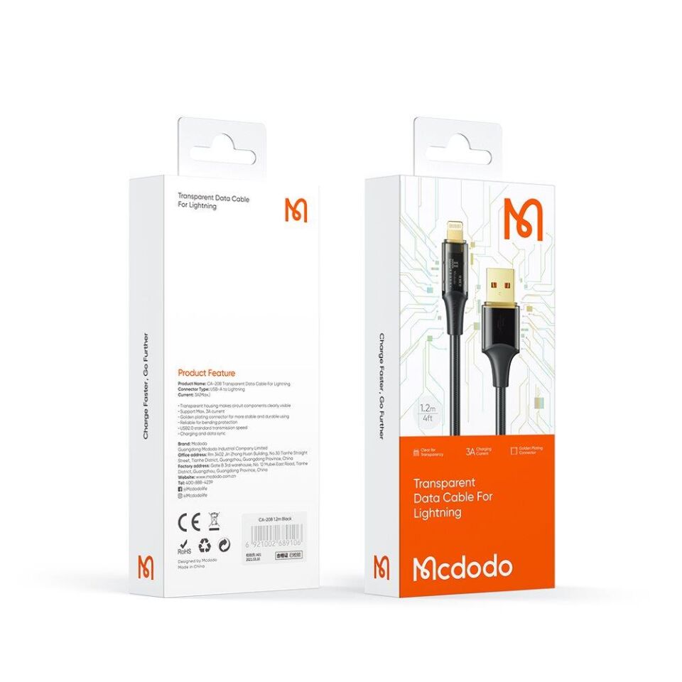 McDodo CA-2080 Lightning 3A Şeffaf Başlıklı Data Aktarım Ve Şarj Kablosu Siyah - 1.2 Metre