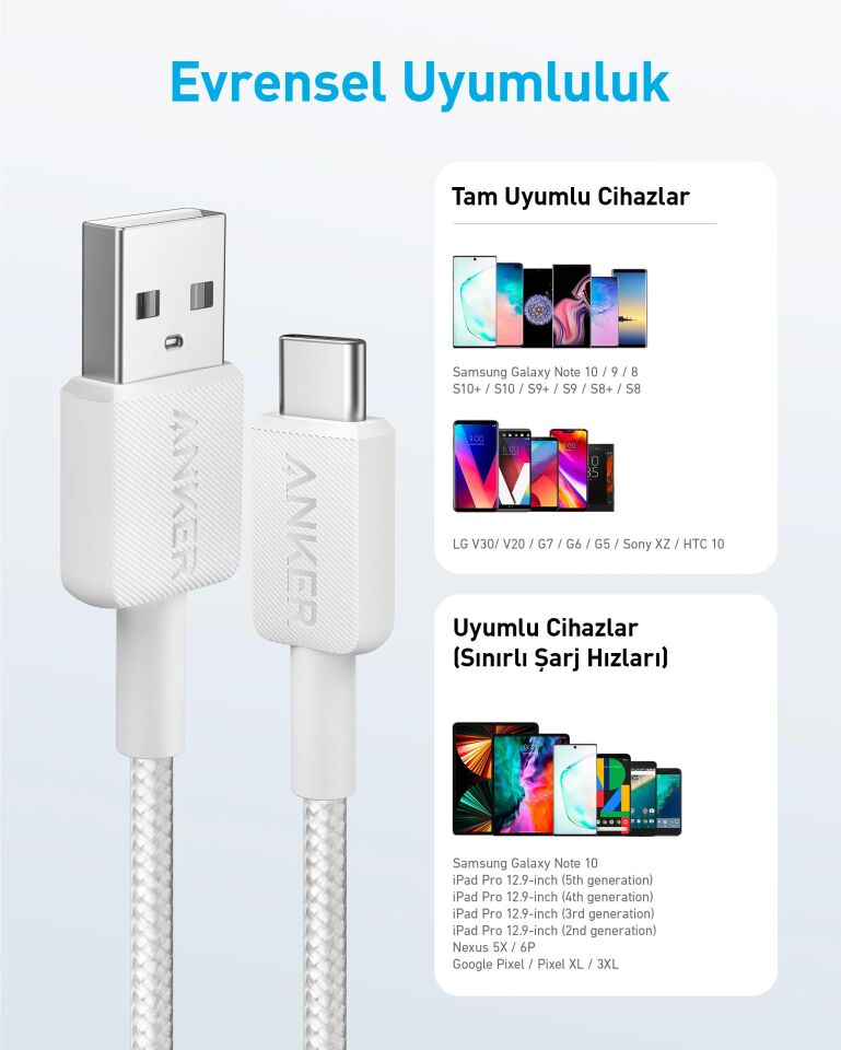 Anker 322 USB-C to USB-A 1.8M 30W Şarj Data Kablosu Beyaz
