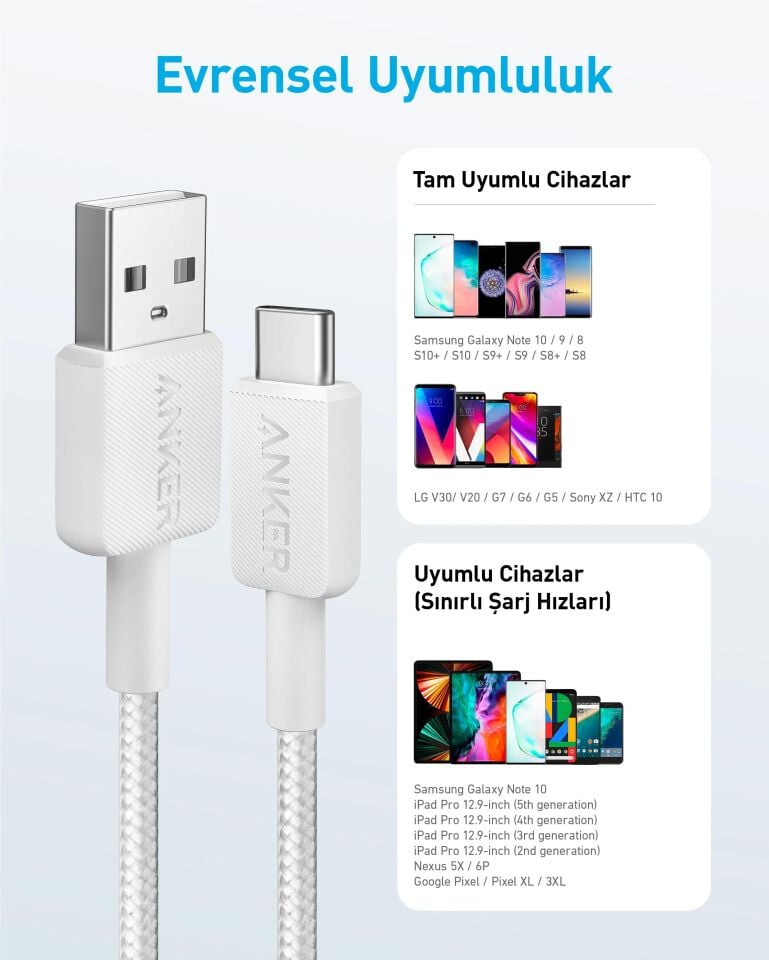 Anker 322 USB-C to USB-A 1.8M 30W Şarj Data Kablosu
