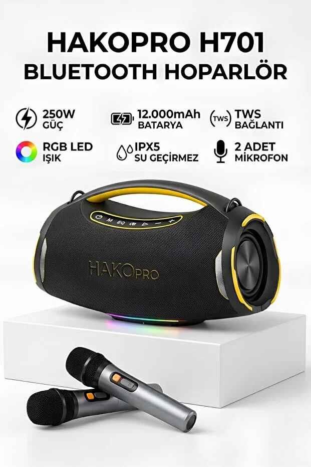 HAKOPRO 250W Ekstra Bass 12000mAh Mikrofonlu Hoparlör ıpx5 H701
