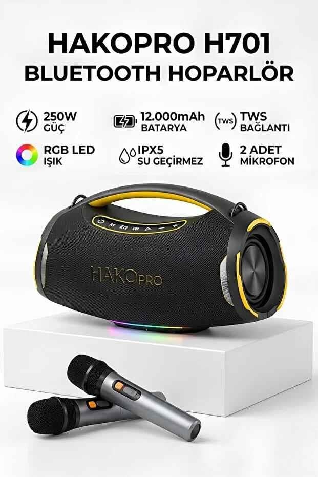 HAKOPRO 250W Ekstra Bass 12000mAh Mikrofonlu Hoparlör ıpx5 H701