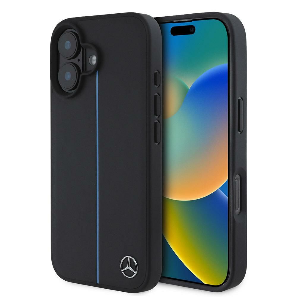 Apple iPhone 16 Kılıf Mercedes Benz Orijinal Lisanslı Magsafe Şarj Özellikli Metal Yıldız Logolu Mavi Çizgili Deri Kapak