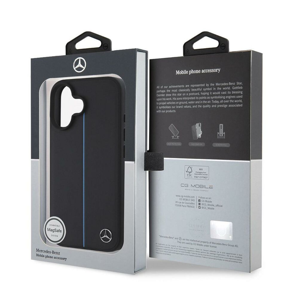 Apple iPhone 16 Kılıf Mercedes Benz Orijinal Lisanslı Magsafe Şarj Özellikli Metal Yıldız Logolu Mavi Çizgili Deri Kapak