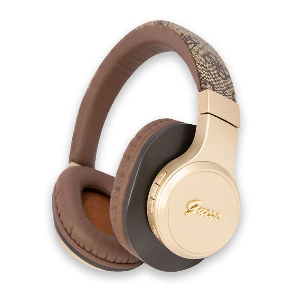 Guess Orjinal Lisanslı Script Gold Serisi Metal Yazı Logolu 4G Desenli Bluetooth Kulaklık Kahverengi