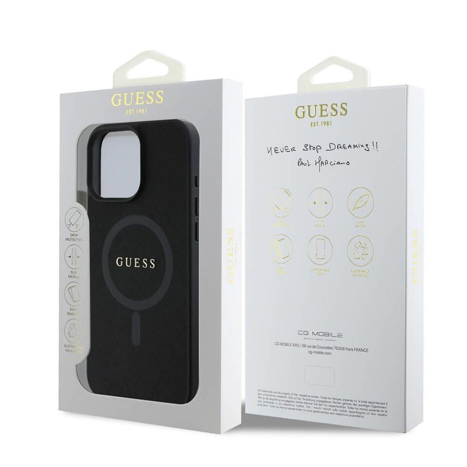 Apple iPhone 16 Pro Max Kılıf Guess Orijinal Lisanslı Magsafe Şarj Özellikli Yazı Logolu Saffiano Classic Kapak