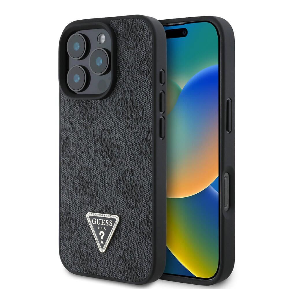 Apple iPhone 16 Pro Kılıf Guess Orijinal Lisanslı Magsafe Şarj Özellikli PU Deri 4G Desenli Taşlı Üçgen Logolu Kapak