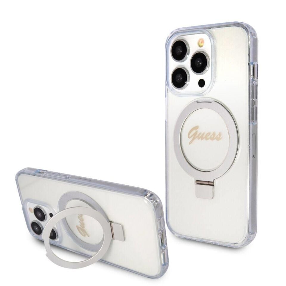 Apple iPhone 15 Pro Kılıf Guess Orijinal Lisanslı Magsafe Şarj Özellikli Simli Arka Yüzey Ring Standlı Kapak