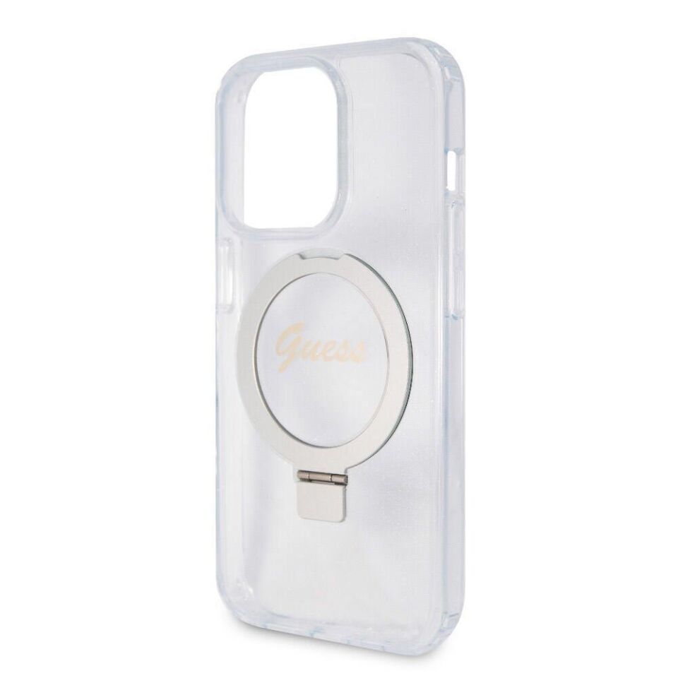 Apple iPhone 15 Pro Kılıf Guess Orijinal Lisanslı Magsafe Şarj Özellikli Simli Arka Yüzey Ring Standlı Kapak