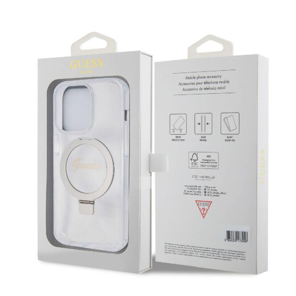 Apple iPhone 15 Pro Kılıf Guess Orijinal Lisanslı Magsafe Şarj Özellikli Simli Arka Yüzey Ring Standlı Kapak