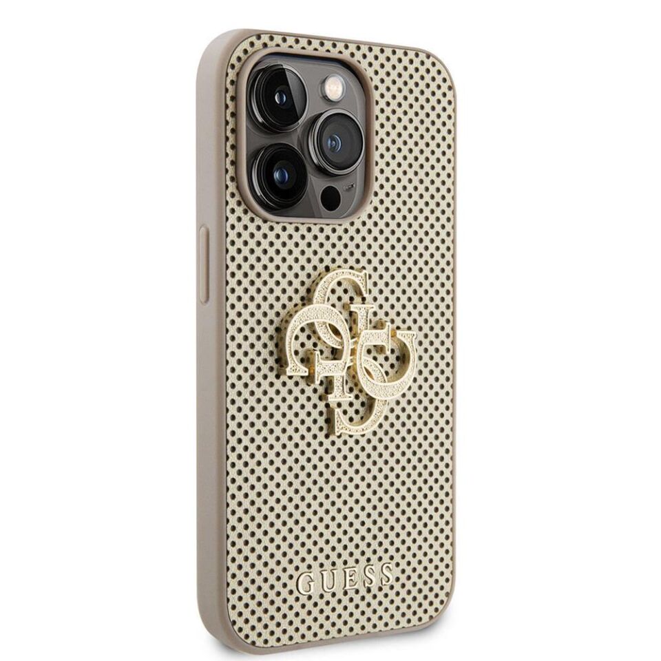 Apple iPhone 15 Pro Kılıf Guess Orijinal Lisanslı Delikli Yazı ve 4G Glitter Büyük Metal Logolu Kapak