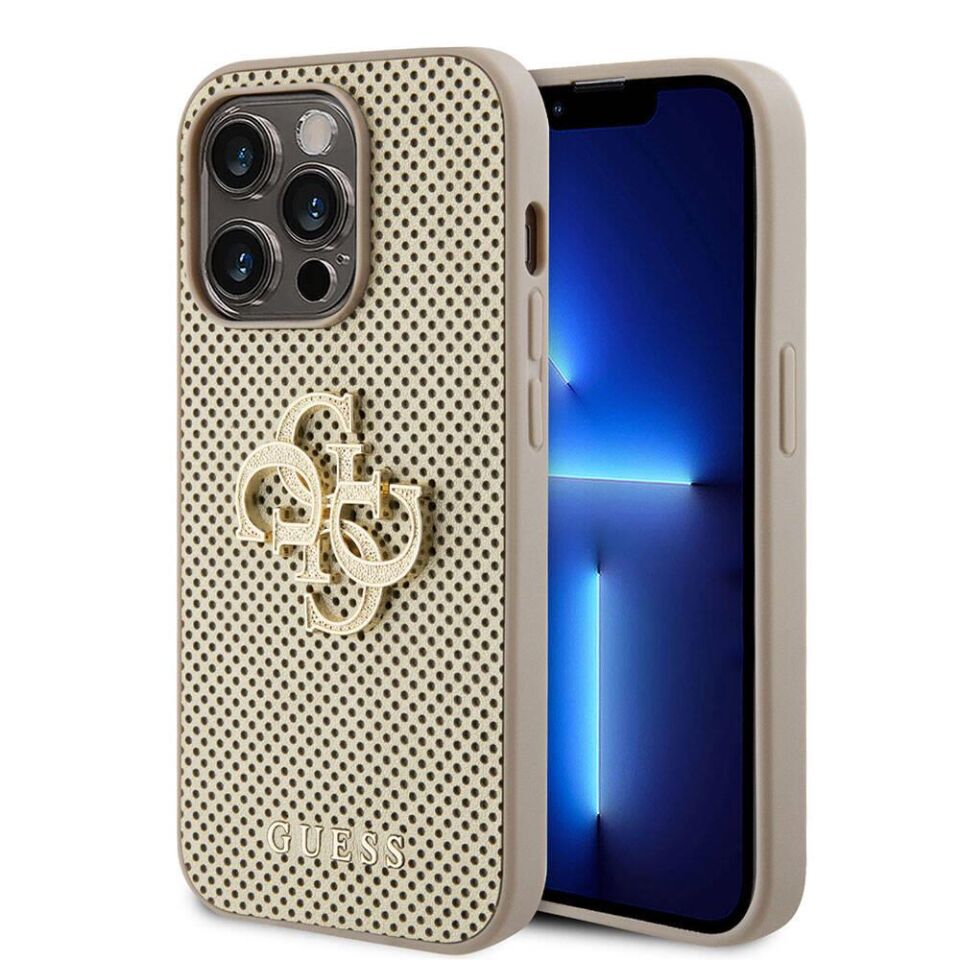 Apple iPhone 15 Pro Kılıf Guess Orijinal Lisanslı Delikli Yazı ve 4G Glitter Büyük Metal Logolu Kapak
