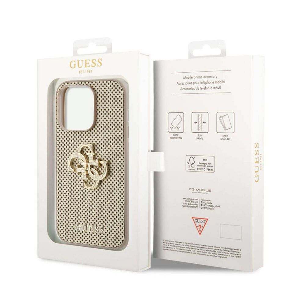Apple iPhone 15 Pro Kılıf Guess Orijinal Lisanslı Delikli Yazı ve 4G Glitter Büyük Metal Logolu Kapak