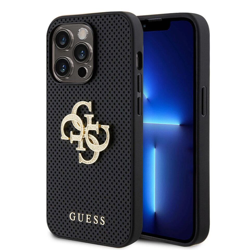 Apple iPhone 15 Pro Kılıf Guess Orijinal Lisanslı Delikli Yazı ve 4G Glitter Büyük Metal Logolu Kapak