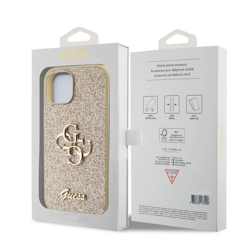 Apple iPhone 15 Kılıf Guess Orijinal Lisanslı 4G Büyük Metal Logolu Glitter Kapak