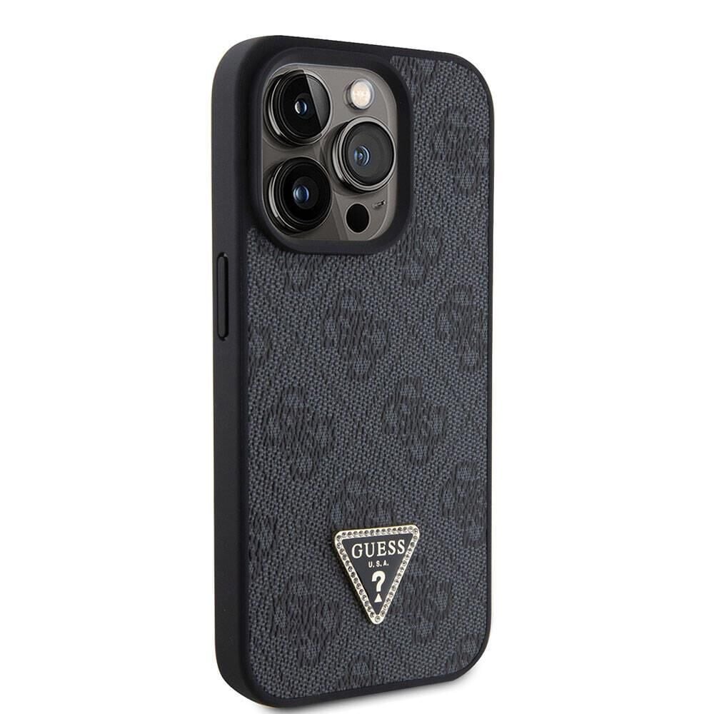 Apple iPhone 15 Pro Kılıf Guess Orijinal Lisanslı PU Deri Taşlı Üçgen Logo 4G Desenli Strass Kapak