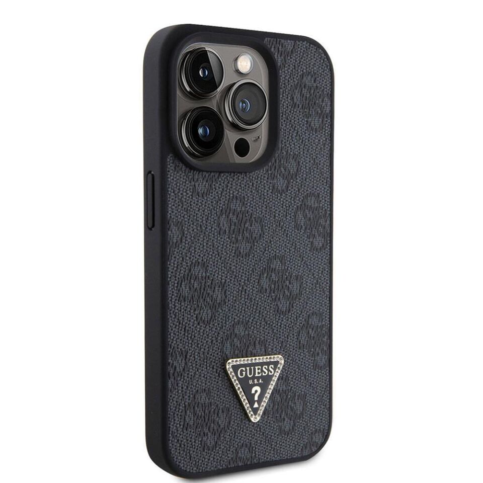 Apple iPhone 15 Pro Kılıf Guess Orijinal Lisanslı PU Deri Taşlı Üçgen Logo 4G Desenli Strass Kapak