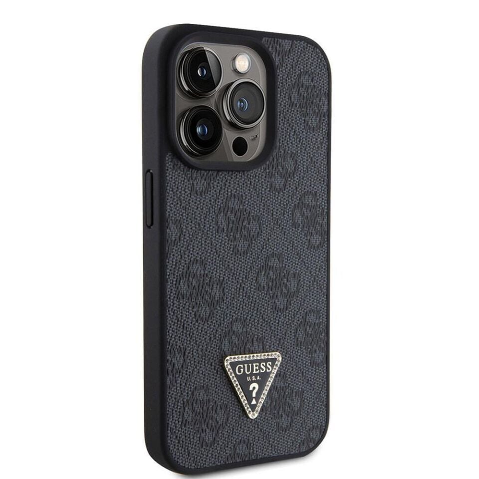 Apple iPhone 15 Pro Kılıf Guess Orijinal Lisanslı PU Deri Taşlı Üçgen Logo 4G Desenli Strass Kapak