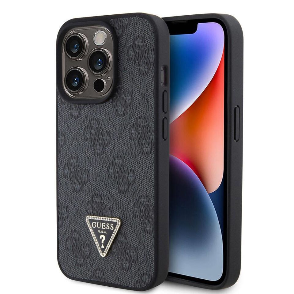 Apple iPhone 15 Pro Kılıf Guess Orijinal Lisanslı PU Deri Taşlı Üçgen Logo 4G Desenli Strass Kapak