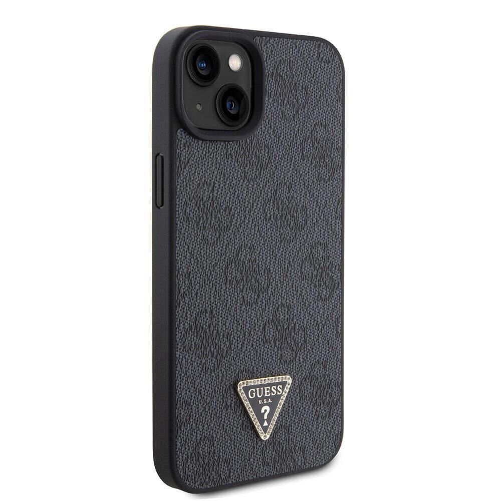 Apple iPhone 15 Kılıf Guess Orijinal Lisanslı PU Deri Taşlı Üçgen Logo 4G Desenli Strass Kapak