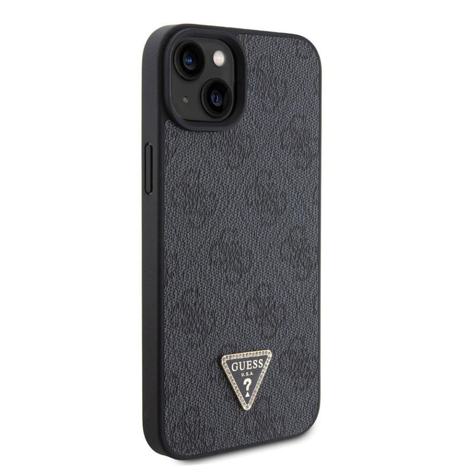 Apple iPhone 15 Kılıf Guess Orijinal Lisanslı PU Deri Taşlı Üçgen Logo 4G Desenli Strass Kapak