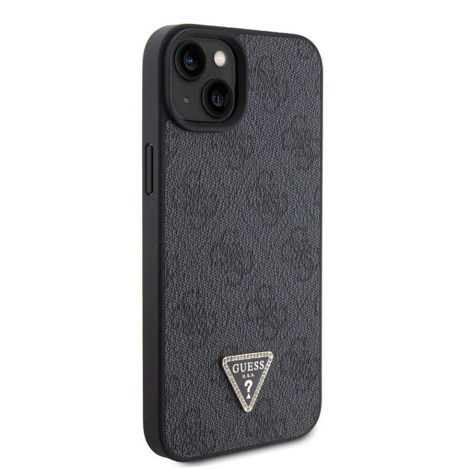 Apple iPhone 15 Kılıf Guess Orijinal Lisanslı PU Deri Taşlı Üçgen Logo 4G Desenli Strass Kapak