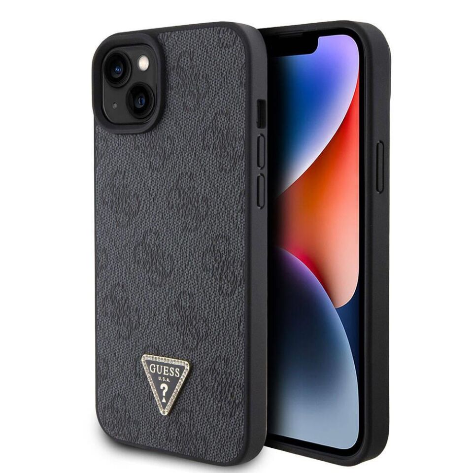 Apple iPhone 15 Kılıf Guess Orijinal Lisanslı PU Deri Taşlı Üçgen Logo 4G Desenli Strass Kapak