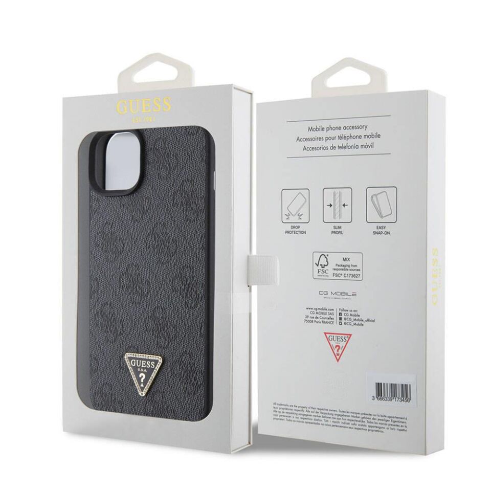 Apple iPhone 15 Kılıf Guess Orijinal Lisanslı PU Deri Taşlı Üçgen Logo 4G Desenli Strass Kapak