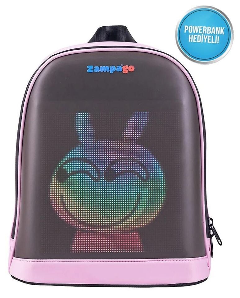 Zampago LED Ekranlı Sert Kasa USB Şarj Girişli Animasyonlu Işıklı Ekran Akıllı Sırt Çantası - Pembe