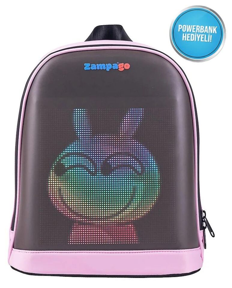 Zampago LED Ekranlı Sert Kasa USB Şarj Girişli Animasyonlu Işıklı Ekran Akıllı Sırt Çantası - Pembe