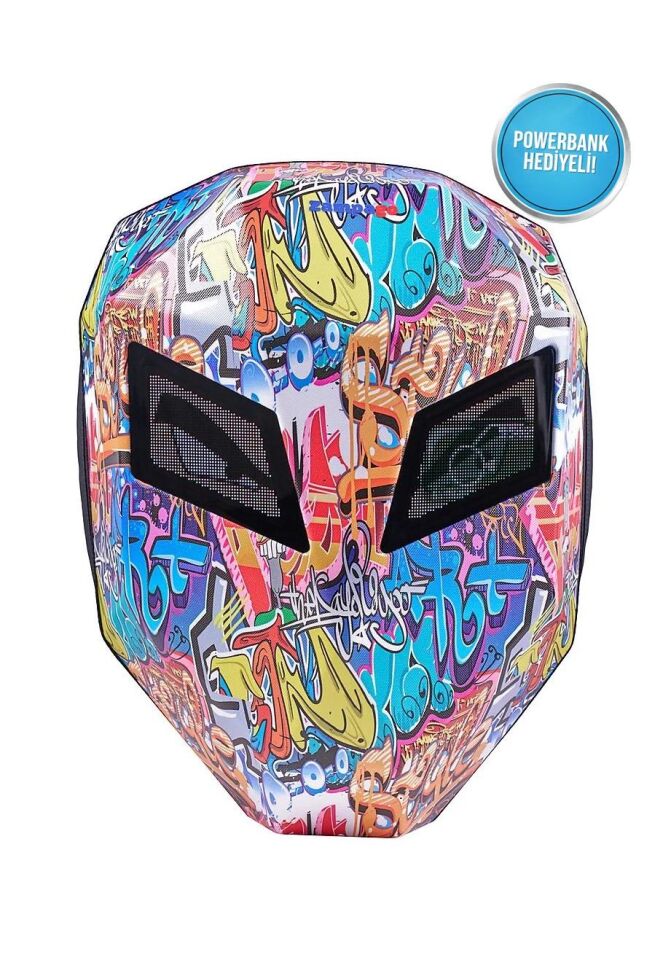 Zampago Ironman Bold Grafitti LED Göz Maskeli USB Şarj Girişli, Sert Kasa Grafiti Akıllı Sırt Çantası - Çok Renkli