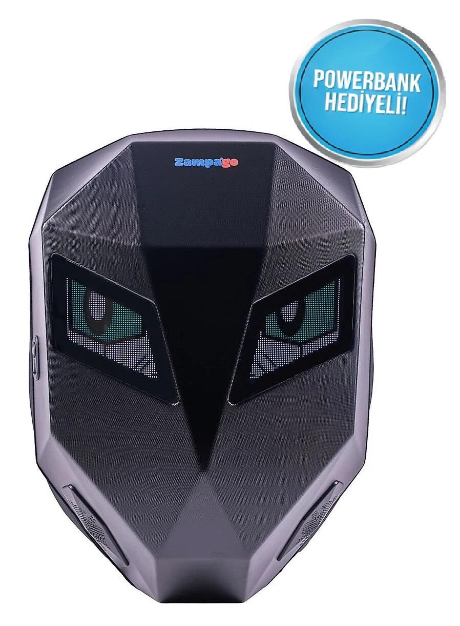 Zampago LED Göz Maskeli Sert Kasa, USB Şarj Girişli Akıllı Teknolojik Sırt Çantası - Siyah