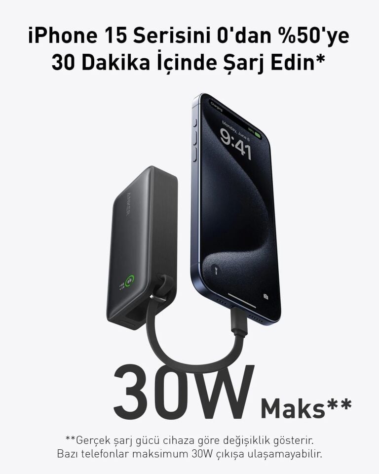 Anker Nano Powerbank (30W, Dahili USB-C Kablosu)