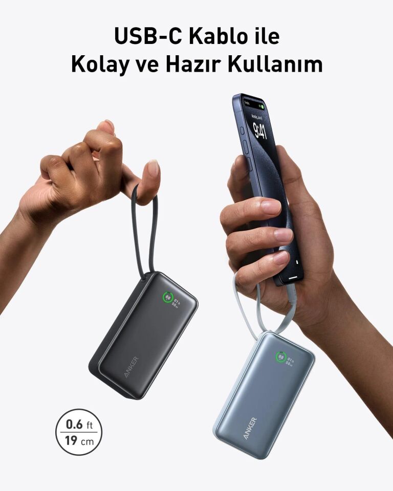 Anker Nano Powerbank (30W, Dahili USB-C Kablosu)