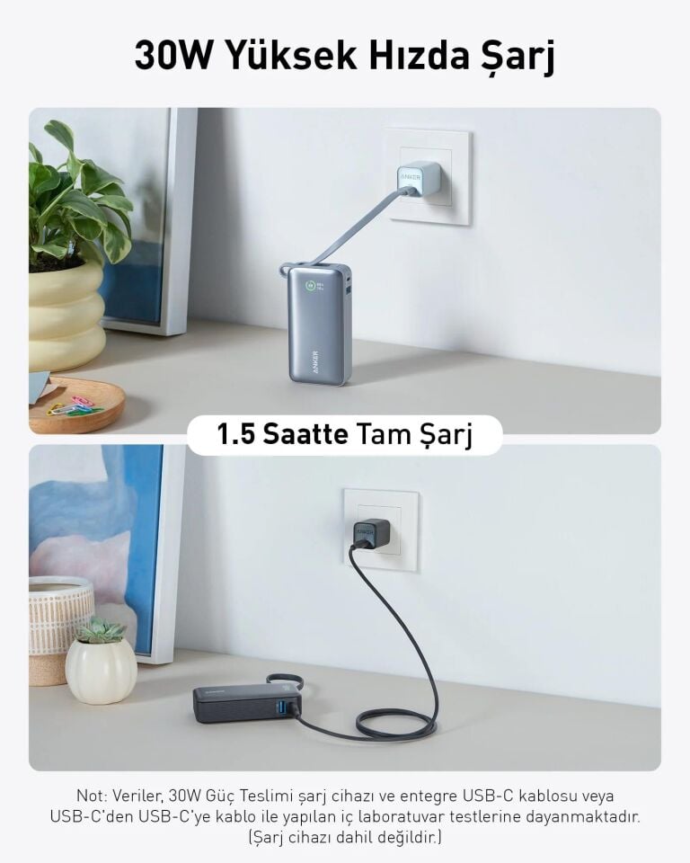 Anker Nano Powerbank (30W, Dahili USB-C Kablosu)