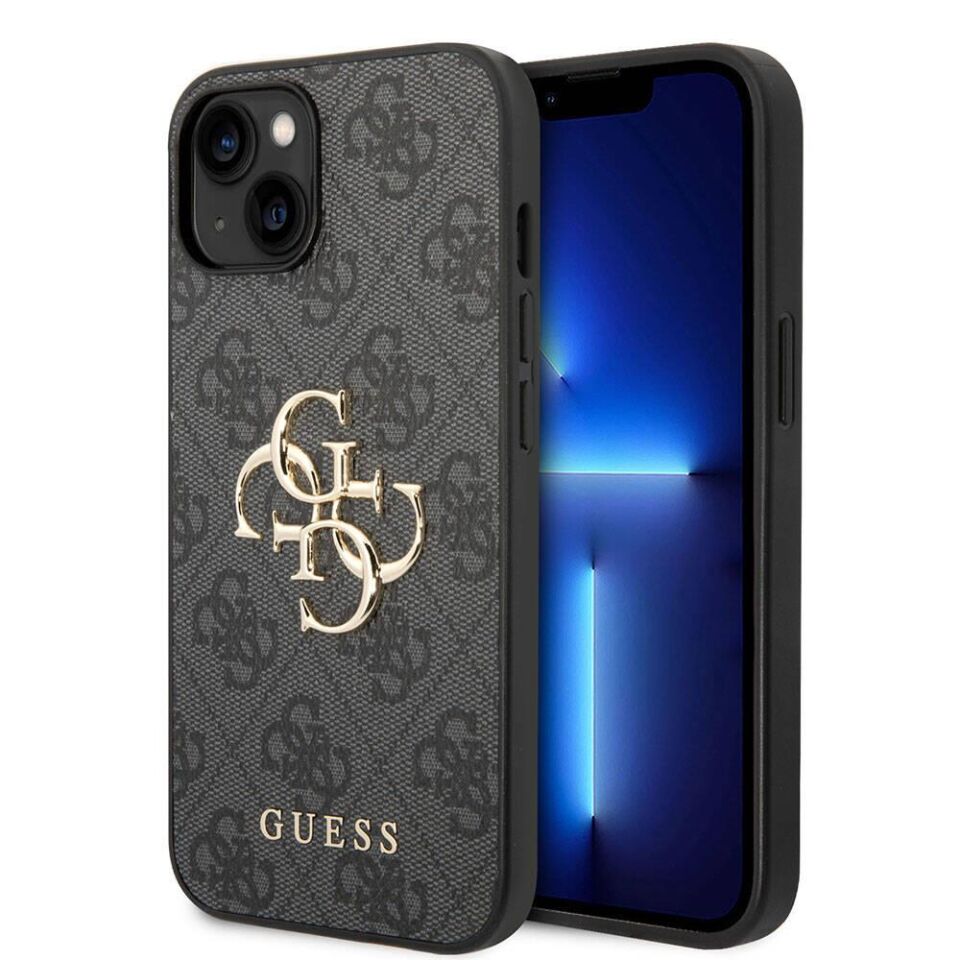 Apple iPhone 15 Kılıf Guess Orijinal Lisanslı PU Deri Yazı ve 4G Metal Logolu Desenli Kapak
