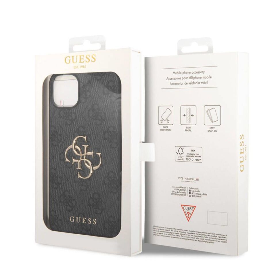 Apple iPhone 15 Kılıf Guess Orijinal Lisanslı PU Deri Yazı ve 4G Metal Logolu Desenli Kapak