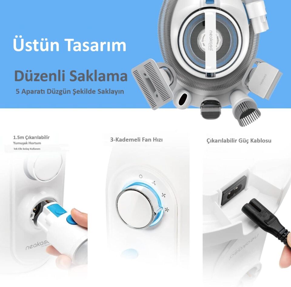 Neakasa P2 Pro Evcil Hayvan Bakım ve Vakum Emme Kiti Profesyonel Uzun Tüy Kesme Makinesi ve 5 Bakım Aleti PN0110W