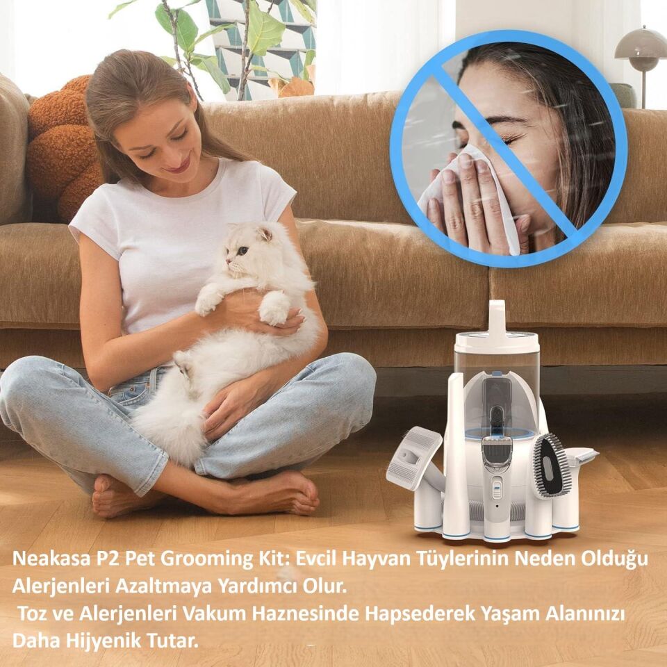 Neakasa P2 Pro Evcil Hayvan Bakım ve Vakum Emme Kiti Profesyonel Uzun Tüy Kesme Makinesi ve 5 Bakım Aleti PN0110W