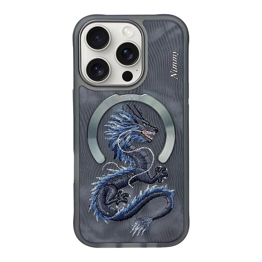 NIMMY iPhone 15 Pro Max Uyumlu  MagSafe Destekli 3D Gerçek Nakış İşlemeli Mavi Dragon Kılıf