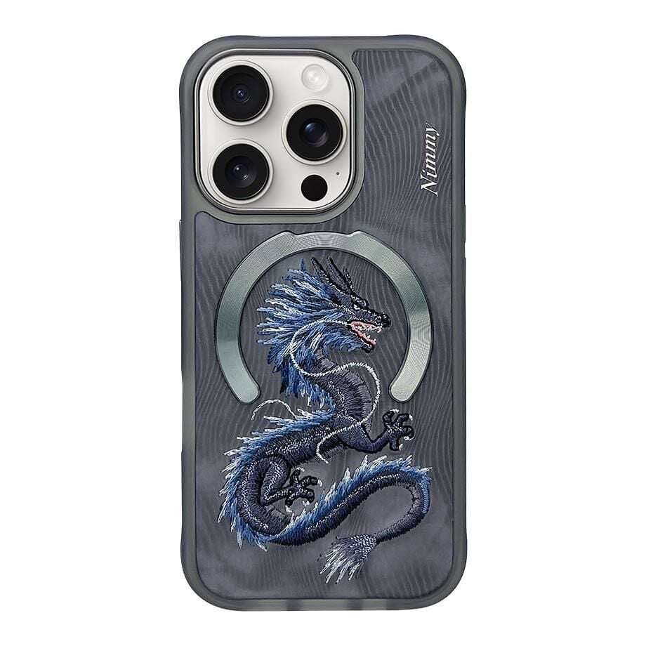NIMMY iPhone 15 Pro Max Uyumlu  MagSafe Destekli 3D Gerçek Nakış İşlemeli Mavi Dragon Kılıf