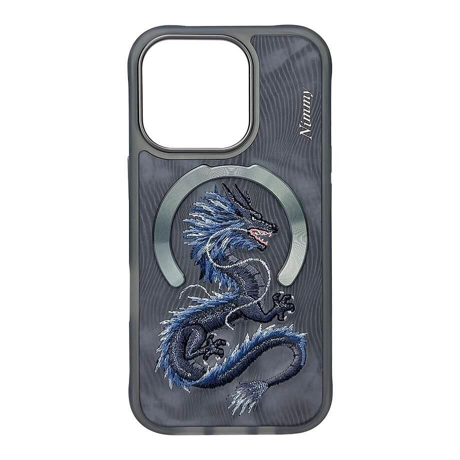NIMMY iPhone 15 Pro Max Uyumlu  MagSafe Destekli 3D Gerçek Nakış İşlemeli Mavi Dragon Kılıf