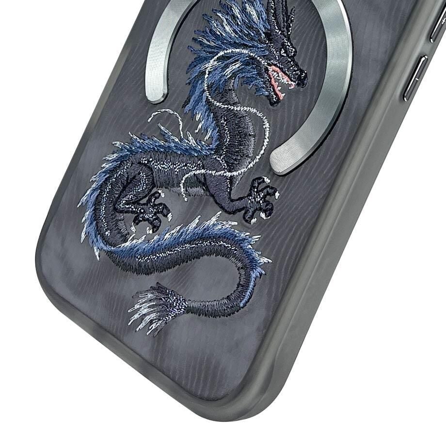NIMMY iPhone 15 Pro Max Uyumlu  MagSafe Destekli 3D Gerçek Nakış İşlemeli Mavi Dragon Kılıf