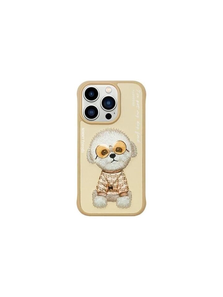 NIMMY iPhone 16 Pro Max Uyumlu  3D Nakışlı Zincir ve Gözlük Detaylı Köpek Desenli Silikon Kılıf