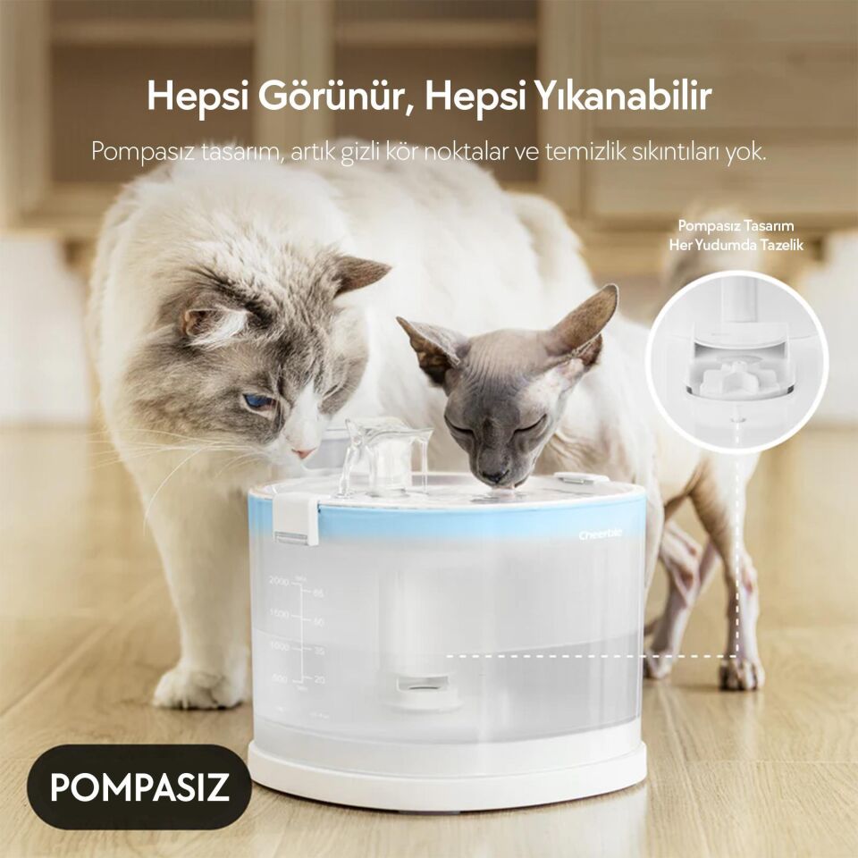 Cheerble E1 Plastik Hazneli Şarjlı Otomatik Kedi Su Pınarı 22 X 20 X 18, 2lt CDY01