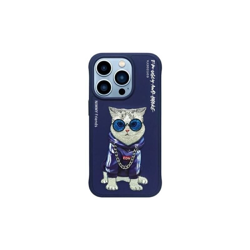 NIMMY iPhone 15 Pro Max Uyumlu 3D Gözlük Zincir Handsome Kedi Nakış İşlemeli Kabartmalı Cool Glasses Kılıf