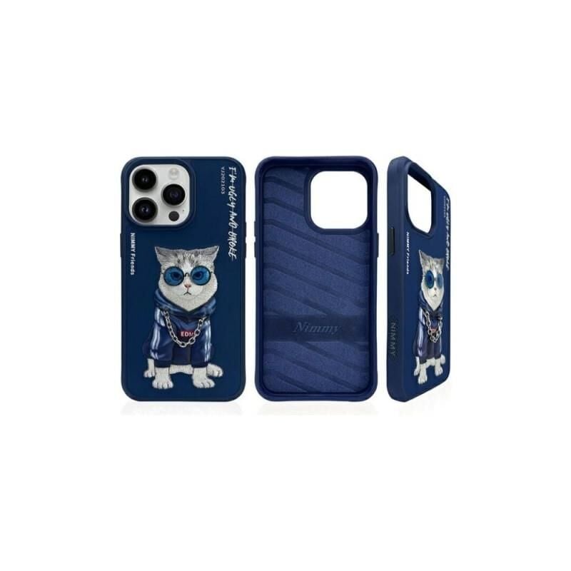 NIMMY iPhone 15 Pro Max Uyumlu 3D Gözlük Zincir Handsome Kedi Nakış İşlemeli Kabartmalı Cool Glasses Kılıf