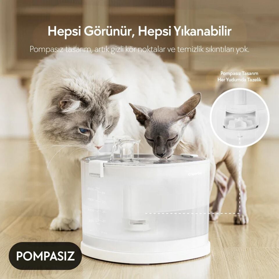 Cheerble E1+ Çelik Hazneli Şarjlı Otomatik Kedi Su Pınarı 22 X 20 X 18, 2lt CDY02