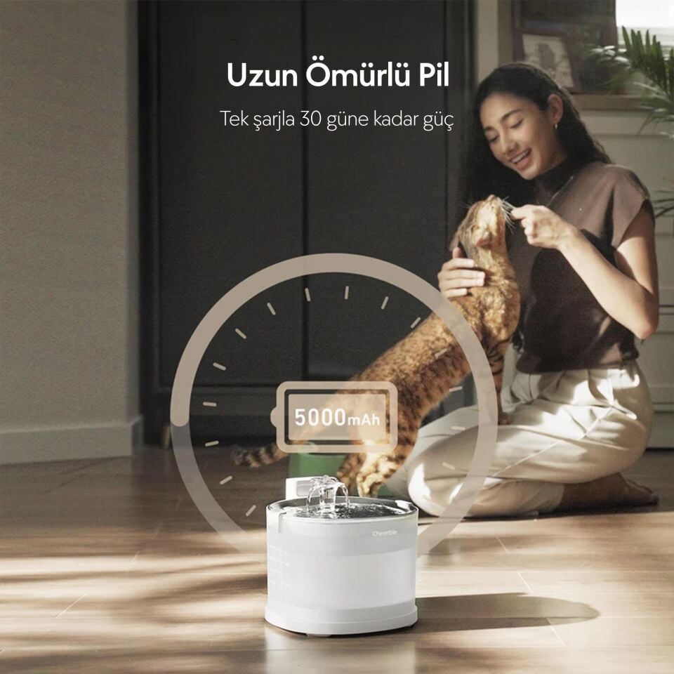 Cheerble E1+ Çelik Hazneli Şarjlı Otomatik Kedi Su Pınarı 22 X 20 X 18, 2lt CDY02