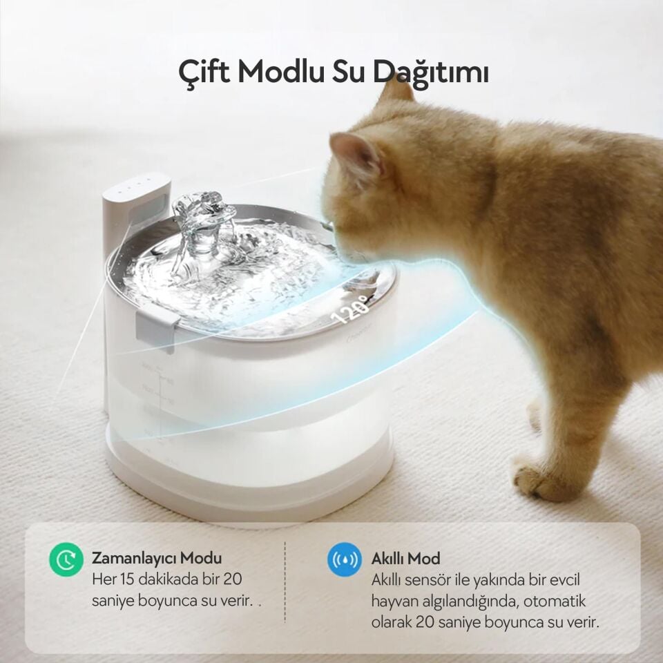 Cheerble E1+ Çelik Hazneli Şarjlı Otomatik Kedi Su Pınarı 22 X 20 X 18, 2lt CDY02